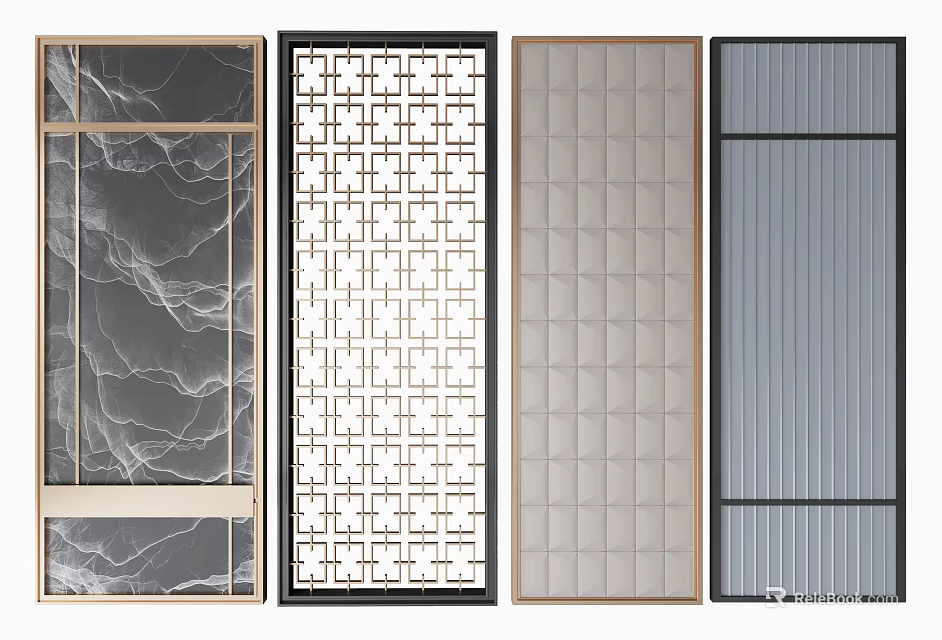 Various Design Room Dividers With Geometric Patterns Marble Texture And Slatted Panels 3d model