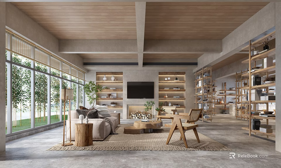 Living Room Interior Design With Wooden Ceiling Large Windows Shelves Cozy Sofa And Indoor Plants 3d model 