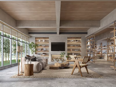Living Room Interior Design With Wooden Ceiling Large Windows Shelves Cozy Sofa And Indoor Plants 3d model