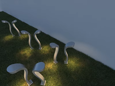 Curved Silver Metal Outdoor Lights Illuminating Garden Lawn With Modern Design 3d model