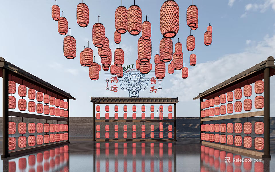 Numerous Red Chinese Lanterns Hanging Over Traditional Buildings With Water Surface Reflections 3d model 