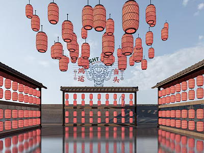 Numerous Red Chinese Lanterns Hanging Over Traditional Buildings With Water Surface Reflections 3d model