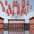 Numerous Red Chinese Lanterns Hanging Over Traditional Buildings With Water Surface Reflections
