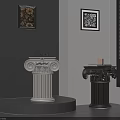 Light And Black Carved Decorative Columns On Platform With Grey Wall And Framed 3d model