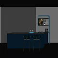Modern Bar Counter With Dark Blue Walls Two Blue Stools Wine Glasses And Decorative Painting