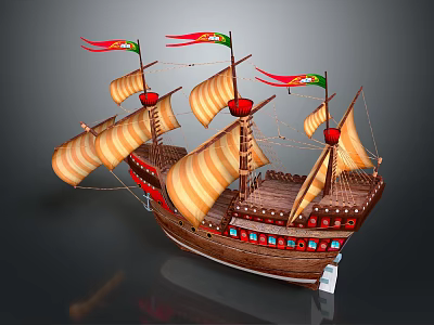 Detailed Wooden Ship Model With Multiple Yellow Sails Red Flags And Brown Hull 3d model