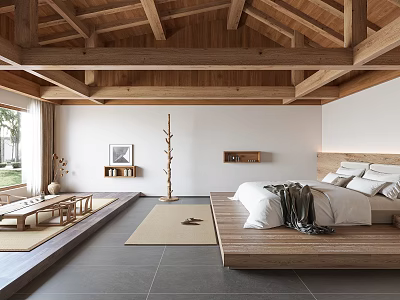 Spacious Zen Hotel Guest Room With Exposed Wooden Beam Ceiling And Cozy Minimalist Interior Design 3d model