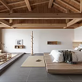 Spacious Zen Hotel Guest Room With Exposed Wooden Beam Ceiling And Cozy Minimalist Interior Design