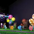 Industrial Factory Building With Colorful Mosaic Walls Rocket Like Structure Steps Green Lawn And Spotlights