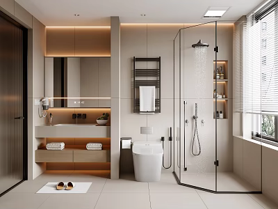 Modern Bathroom Interior Design With Glass Shower Smart Toilet Marble Countertop And Storage Cabinets 3d model