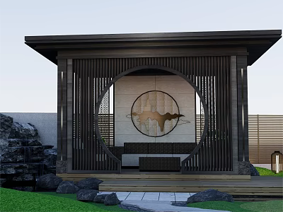 Traditional Wooden Pergola With Circular Decorative Design And Rock Lawn Surroundings 3d model