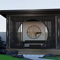 Traditional Wooden Pergola With Circular Decorative Design And Rock Lawn Surroundings