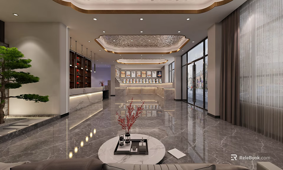 Elegant Hotel Lobby Interior With Marble Flooring Reception Desk And Ornate Ceiling 3d model 