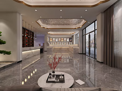Elegant Hotel Lobby Interior With Marble Flooring Reception Desk And Ornate Ceiling 3d model