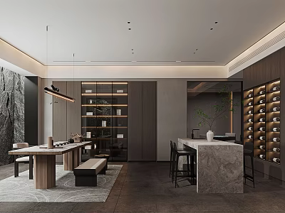 Modern Basement Interior Design With Dining Table Bench And Marble Counter Wine Rack 3d model