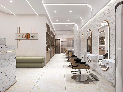 Modern Beauty Hair Salon Interior With Stylish Chairs Large Mirrors Reception Bench And Marble Floor 3d model