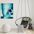 Black Hanging Chair In Indoor Living Room With Wall Painting Round Cushion Vase And Blanket