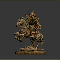 Bronze statue of man riding horse holding sword wearing hat and cloak on wooden base