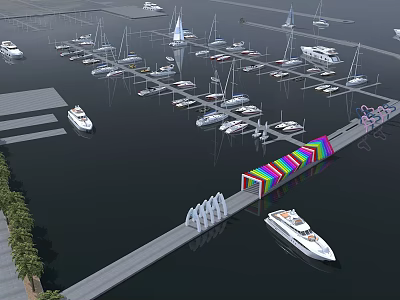 Scenic Marina Landscape With Numerous Docked Yachts And Colorful Long Walkway 3d model