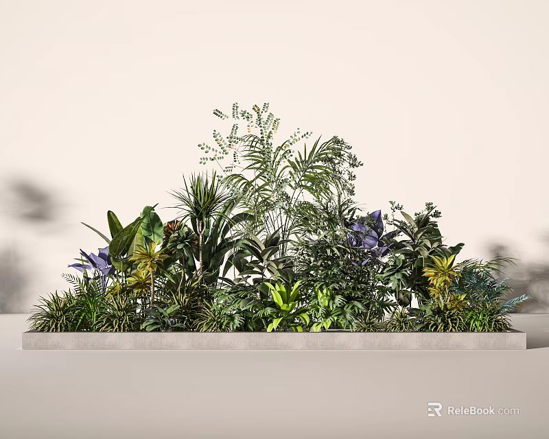 Various Green Plants And Purple Flowers With Diverse Leaf Shapes In White Rectangular Planter 3d model 