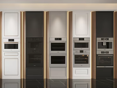 Modern Kitchen Appliances With Built In Ovens And Various Color Cabinets Neatly Arranged 3d model