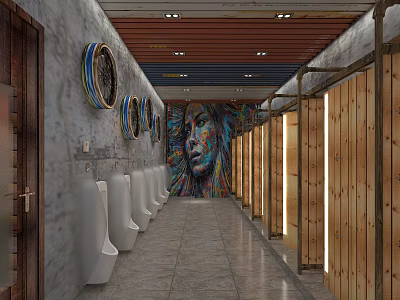 Public Restroom Interior With White Urinals Colorful Graffiti Mural And Wooden Stalls 3d model