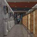 Public Restroom Interior With White Urinals Colorful Graffiti Mural And Wooden Stalls
