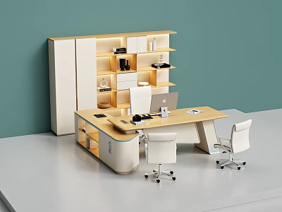 Modern Light Wood Office Desk With White Chairs Laptop And Storage Cabinet On Teal Wall 3d model