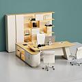 Modern Light Wood Office Desk With White Chairs Laptop And Storage Cabinet On Teal Wall