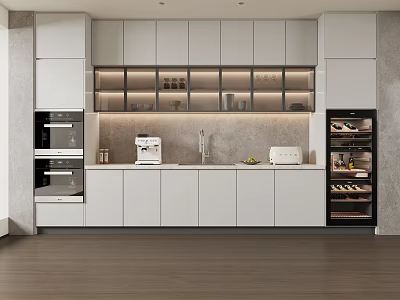 Modern Kitchen Interior Featuring Wall Cabinets And Upper Cabinets With LED Lighting Countertop And Appliances 3d model