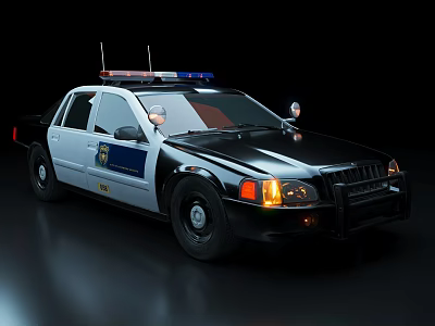Black And White Police Car With Flashing Lights Headlights And Department Emblem 3d model