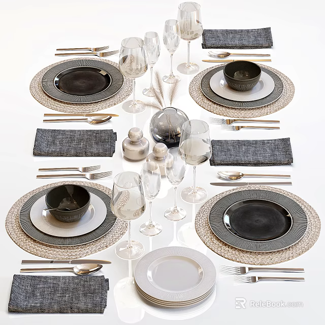 Modern Dinnerware Set with Ceramic Plates Bowls Wine Glasses Cutlery Linen Napkins and Woven Placemats 3d model 