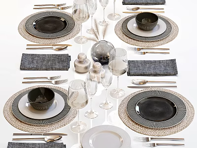 Modern Dinnerware Set with Ceramic Plates Bowls Wine Glasses Cutlery Linen Napkins and Woven Placemats 3d model
