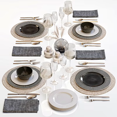Modern Dinnerware Set with Ceramic Plates Bowls Wine Glasses Cutlery Linen Napkins and Woven Placemats 3d model
