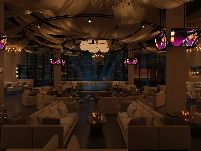 Elegant Modern Bar Interior Design With Chandeliers Comfortable Sofas And Ambient Lighting 3d model