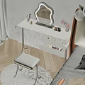 Modern Minimalist Dressing Table with Irregular Mirror Padded Stool and Pink Flowers 3d model