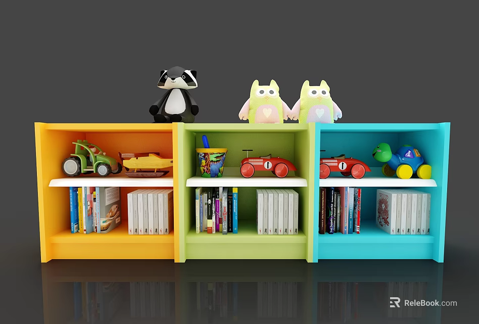 Yellow Green Blue Bookcase With Stuffed Animals On Top And Toys Books On Shelves 3d model 