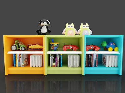 Yellow Green Blue Bookcase With Stuffed Animals On Top And Toys Books On Shelves 3d model