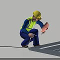 Man in Yellow Hard Hat and Safety Vest Crouching to Measure Metal Frame with Tools