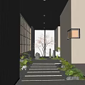 Serene Japanese Style Hotel Corridor With Stone Path Green Plants And Warm Lighting