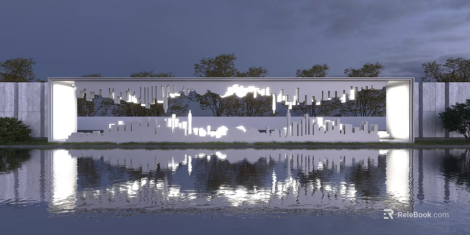 Illuminated Feature Wall With City Skyline Cutout Design Surrounded By Trees And Water Reflection 3d model 
