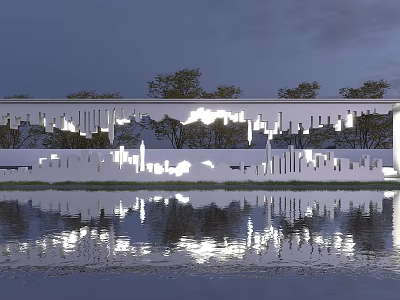 Illuminated Feature Wall With City Skyline Cutout Design Surrounded By Trees And Water Reflection 3d model