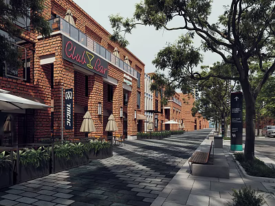 Commercial Street With Brick Buildings Shops Umbrellas Trees And Benches 3d model
