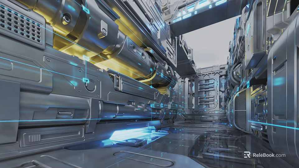 Futuristic Industrial Interior With Metallic Mechanical Structures And Blue Yellow Lighting 3d model 