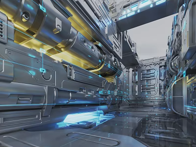 Futuristic Industrial Interior With Metallic Mechanical Structures And Blue Yellow Lighting 3d model