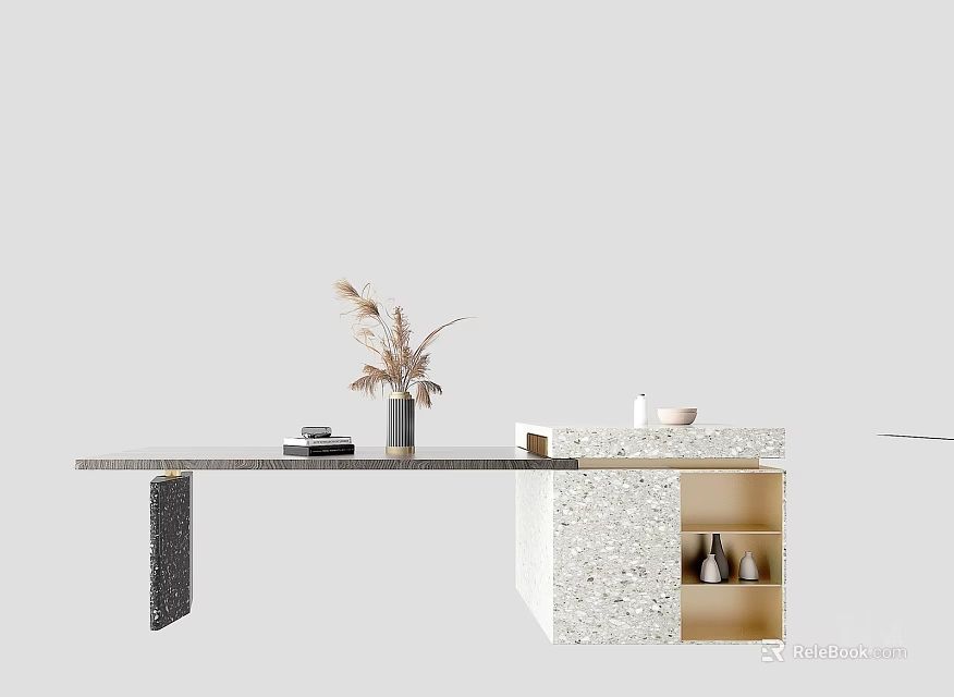 Modern Dining Table With Decorative Plant Marble Top And Storage Cabinet 3d model 