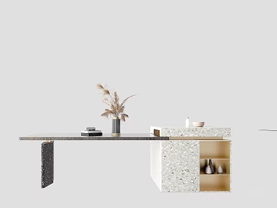 Modern Dining Table With Decorative Plant Marble Top And Storage Cabinet 3d model