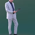 Man In Light Gray Suit Standing And Holding Tablet Device 3d model