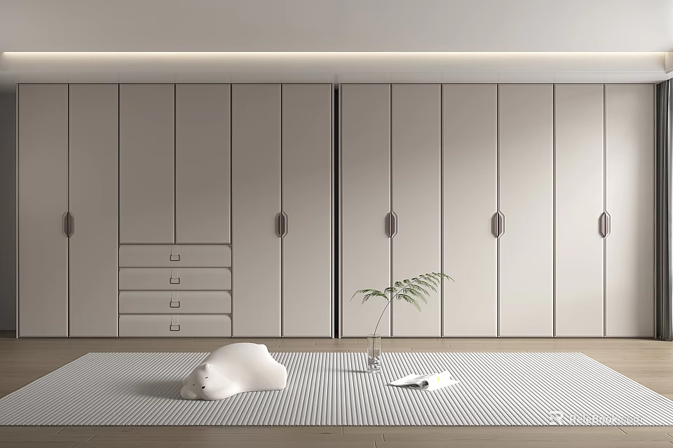 Modern Wardrobe Design With Sliding Doors Drawers And Minimalist Decorative Plant 3d model 