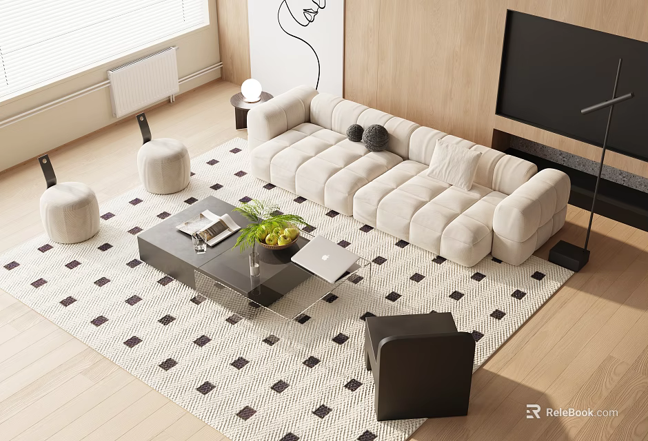 Modern Beige Sofa And Coffee Table Set With Diamond Pattern Rug Fruit And Books 3d model